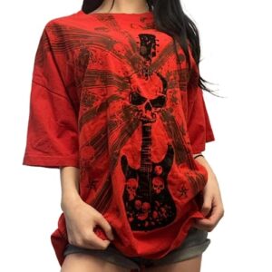 skull shirts for women teens girls 2000s y2k shirt tops fairy grunge punk goth baggy graphic tees halloween clothes (red guitar, s)