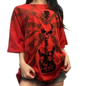 Skull Shirts for Women Teens Girls 2000s Y2k Shirt Tops Fairy Grunge Punk Goth Baggy Graphic Tees Halloween Clothes (Red Guitar, S)