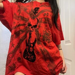 Skull Shirts for Women Teens Girls 2000s Y2k Shirt Tops Fairy Grunge Punk Goth Baggy Graphic Tees Halloween Clothes (Red Guitar, S)