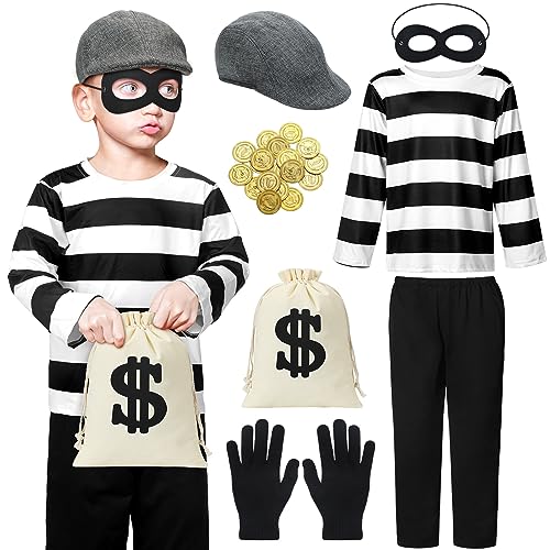 Sintege 26 Pcs Kids Robber Costume Set for Boys Halloween Cosplay Bank Burglar Bandit Thief Aged 10-12 Bank Thief Role Play Jail Costume