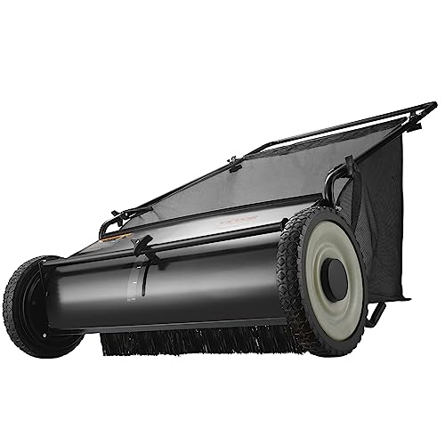 VEVOR Push Lawn Sweeper, 26 Inch Leaf & Grass Collector, Strong Rubber Wheels & Heavy Duty Thickened Steel Durable to Use with Large Capacity 7 ft³ Mesh Collection Bag, 4 Spinning Brushes