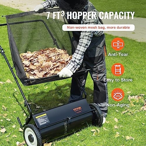 VEVOR Push Lawn Sweeper, 26 Inch Leaf & Grass Collector, Strong Rubber Wheels & Heavy Duty Thickened Steel Durable to Use with Large Capacity 7 ft³ Mesh Collection Bag, 4 Spinning Brushes