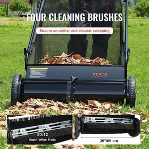 VEVOR Push Lawn Sweeper, 26 Inch Leaf & Grass Collector, Strong Rubber Wheels & Heavy Duty Thickened Steel Durable to Use with Large Capacity 7 ft³ Mesh Collection Bag, 4 Spinning Brushes