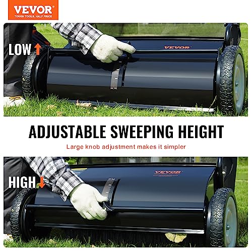 VEVOR Push Lawn Sweeper, 26 Inch Leaf & Grass Collector, Strong Rubber Wheels & Heavy Duty Thickened Steel Durable to Use with Large Capacity 7 ft³ Mesh Collection Bag, 4 Spinning Brushes