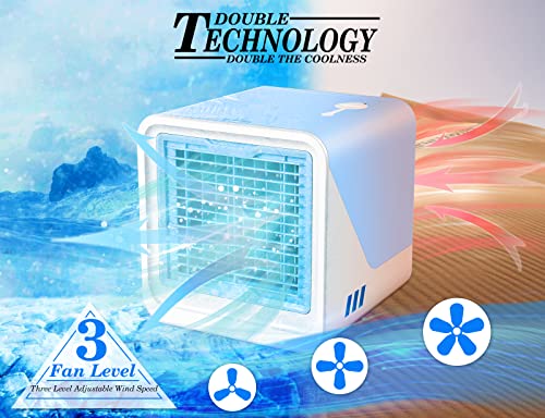 Portable Air Conditioner, 3-IN-Evaporative Air Conditioner in 3 Speed, USB Personal Mini Air Cooler with LED Light for Bedroom, Office, Living Room & More