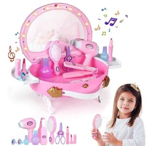 little princess toddler vanity set, portable makeup kits with lights and music & real mirror & multiple accessories, best birthday christmas festival gift for girls 3-7 year old toddlers 1-3