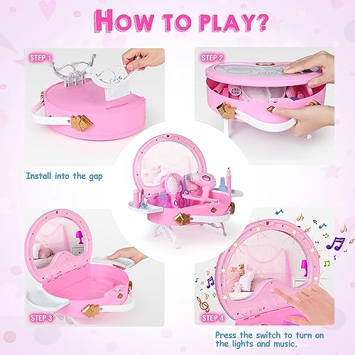 Little Princess Toddler Vanity Set, Portable Makeup Kits with Lights and Music & Real Mirror & Multiple Accessories, Best Birthday Christmas Festival Gift for Girls 3-7 Year Old Toddlers 1-3