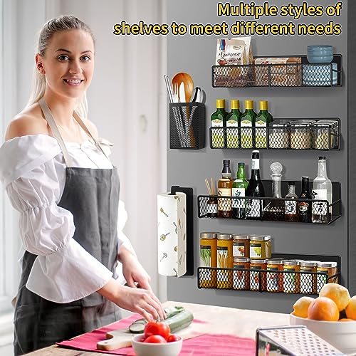 Magnetic Spice Rack, for Refrigerator Organizer 6 Pack, Black Metal Magnetic Shelf for Refrigerator including Paper Towel Holder,Kitchenware Holder, Fridge Space Saving Spice Shelf with Strong Magnets