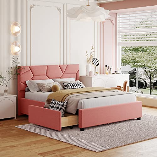 DNYN Full Size Upholstered Platform Bed with Storage for Kids,Adult Bedroom,Solid Wood Bedframe Linen Fabric Home Furniute w/4 Drawers & Brick Pattern Heardboard & No Box Spring Needed, Pink