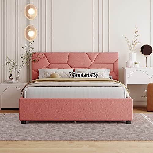 DNYN Full Size Upholstered Platform Bed with Storage for Kids,Adult Bedroom,Solid Wood Bedframe Linen Fabric Home Furniute w/4 Drawers & Brick Pattern Heardboard & No Box Spring Needed, Pink