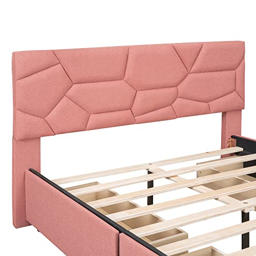 DNYN Full Size Upholstered Platform Bed with Storage for Kids,Adult Bedroom,Solid Wood Bedframe Linen Fabric Home Furniute w/4 Drawers & Brick Pattern Heardboard & No Box Spring Needed, Pink