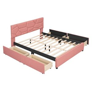 DNYN Full Size Upholstered Platform Bed with Storage for Kids,Adult Bedroom,Solid Wood Bedframe Linen Fabric Home Furniute w/4 Drawers & Brick Pattern Heardboard & No Box Spring Needed, Pink