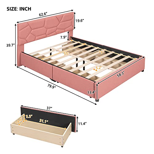 DNYN Full Size Upholstered Platform Bed with Storage for Kids,Adult Bedroom,Solid Wood Bedframe Linen Fabric Home Furniute w/4 Drawers & Brick Pattern Heardboard & No Box Spring Needed, Pink