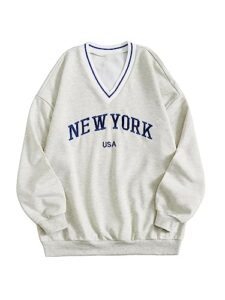 soly hux women's new york letter graphic sweatshirt v neck long sleeve casual pullover tops light grey letter l