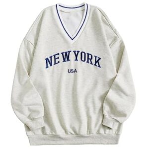 SOLY HUX Women's New York Letter Graphic Sweatshirt V Neck Long Sleeve Casual Pullover Tops Light Grey Letter L