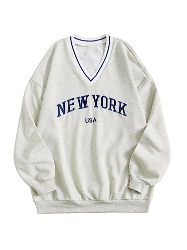 SOLY HUX Women's New York Letter Graphic Sweatshirt V Neck Long Sleeve Casual Pullover Tops Light Grey Letter L