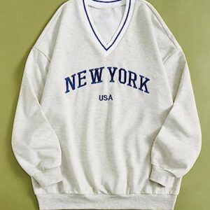 SOLY HUX Women's New York Letter Graphic Sweatshirt V Neck Long Sleeve Casual Pullover Tops Light Grey Letter L