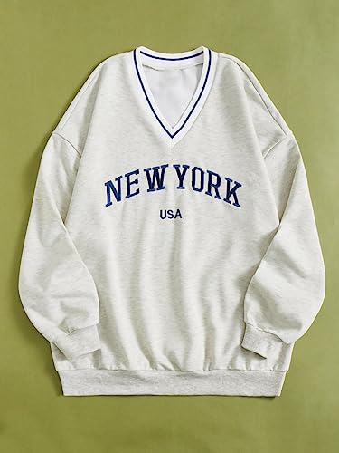 SOLY HUX Women's New York Letter Graphic Sweatshirt V Neck Long Sleeve Casual Pullover Tops Light Grey Letter L