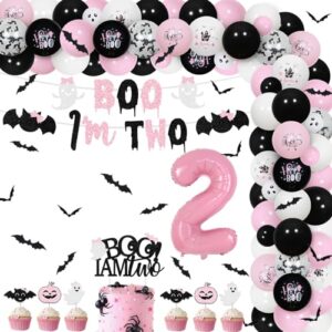 halloween 2nd birthday decorations girl, boo i’m two banner & cake topper, black pink white balloon garland arch kit with 3d bat wall stickers number 2 ghost foil balloons for second bday party