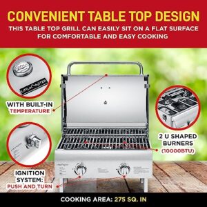 Portable Grill – Table Top Stainless Steel Propane Gas BBQ for Camping and Outdoor – 2 Burners –20,000 BTU Power - Folding Legs – Wind Proof Lid – Easy Clean – Silver - By Lifemaster