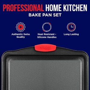 2 Piece Set Nonstick Carbon Steel Oven Bakeware -Professional Quality Kitchen Cooking Baking Trays -PFOA, PFOS, PTFE-Free Small & MediumBaking Sheet Pans with Red Silicone Handles