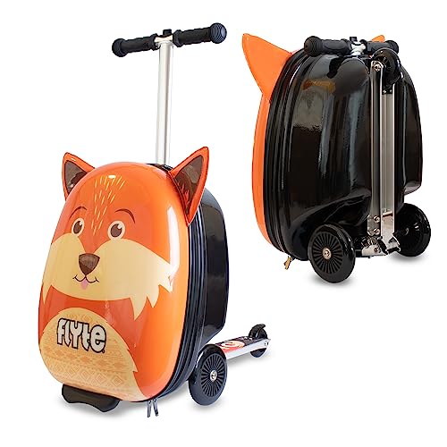 FLYTE Scooter Suitcase Folding Kids Luggage – Frazer the Fox, 18 Inch Hardshell, Ride On with Wheels, 2-in-1, 25 Litre Capacity