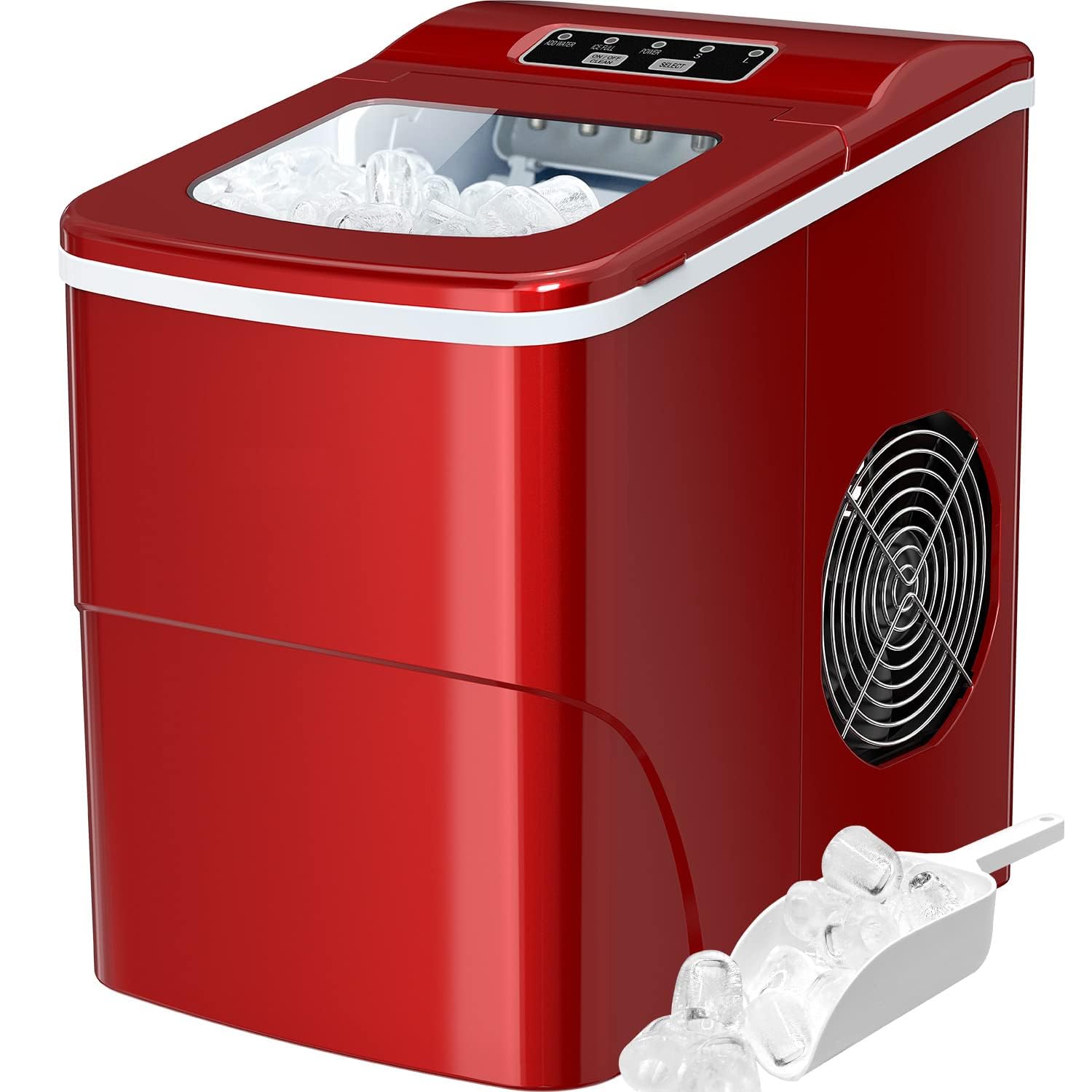 Ice Makers Countertop - Silonn Portable Ice Maker Machine for Countertop, Make 26 lbs Ice in 24 hrs, 2 Sizes of Bullet-Shaped Ice with Ice Scoop and Basket, Red