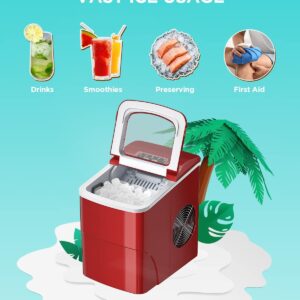 Ice Makers Countertop - Silonn Portable Ice Maker Machine for Countertop, Make 26 lbs Ice in 24 hrs, 2 Sizes of Bullet-Shaped Ice with Ice Scoop and Basket, Red