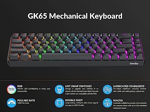 Geeky GK65 65% | Hot Swappable Mechanical Gaming Keyboard | 68 Keys Multi Color RGB LED Backlit for PC/Mac Gamer | ANSI US American Layout (Black, Mechanical Brown)