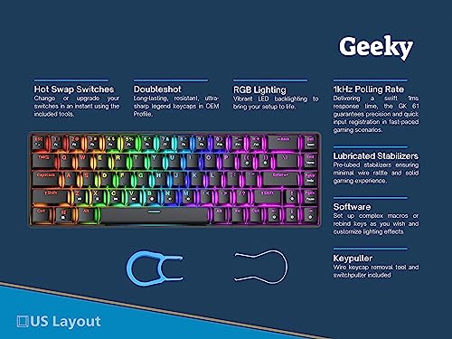 Geeky GK65 65% | Hot Swappable Mechanical Gaming Keyboard | 68 Keys Multi Color RGB LED Backlit for PC/Mac Gamer | ANSI US American Layout (Black, Mechanical Brown)