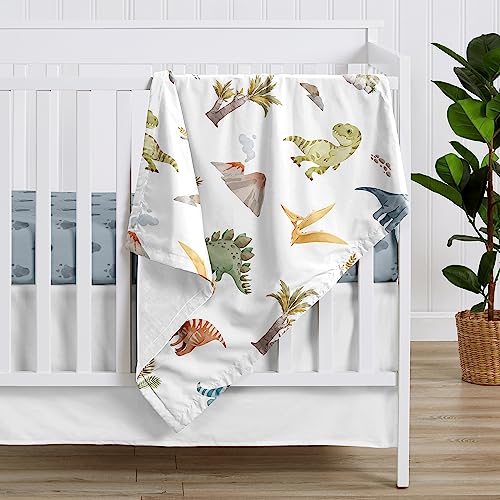 Sweet Jojo Designs Watercolor Dinosaur Dino Boy Soft Baby Blanket Receiving Security Stroller Swaddle Toddler Newborn Infant Kids Travel Warm Minky Green Slate Blue White Modern Jurassic Animal Steel