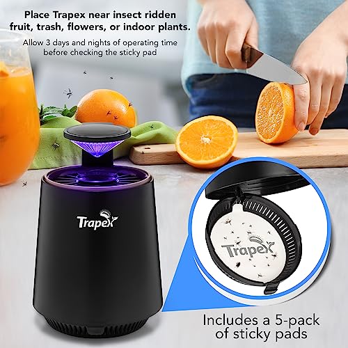 Trapex Indoor Insect Trap - Effective Non-Zapper Fruit Fly, Gnat, Moth and Mosquito Trap with Refillable Bait Pod & 5 Sticky Pad Refills - Gnat Traps for House Indoor, Bug Catcher & Killer (Black)