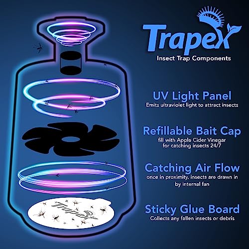 Trapex Indoor Insect Trap - Effective Non-Zapper Fruit Fly, Gnat, Moth and Mosquito Trap with Refillable Bait Pod & 5 Sticky Pad Refills - Gnat Traps for House Indoor, Bug Catcher & Killer (Black)