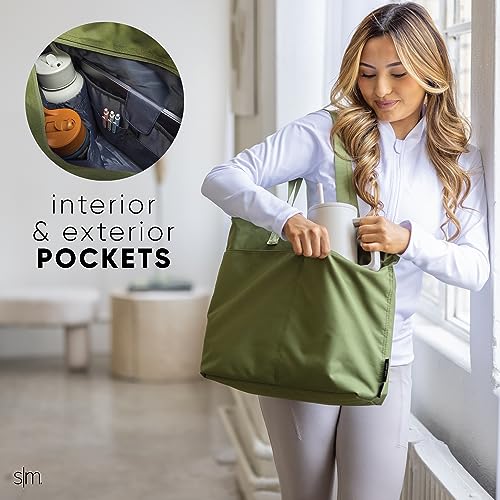 Simple Modern Tote Bag for Women | Large Work Shoulder Bag with Zipper Top and Water-Resistant Exterior for Travel, Gym and Pool with Pockets | 22" Olive
