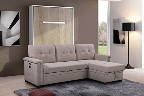 RITSU Living Room Reversible Sleeper Sectional Sofa with Storage Chaise, L-Shape Corner Couch with USB Charging Ports and Pocket, for, Home Furniture, Apartment, Dorm, Light Gray