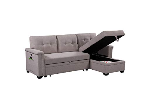 RITSU Living Room Reversible Sleeper Sectional Sofa with Storage Chaise, L-Shape Corner Couch with USB Charging Ports and Pocket, for, Home Furniture, Apartment, Dorm, Light Gray