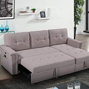 RITSU Living Room Reversible Sleeper Sectional Sofa with Storage Chaise, L-Shape Corner Couch with USB Charging Ports and Pocket, for, Home Furniture, Apartment, Dorm, Light Gray