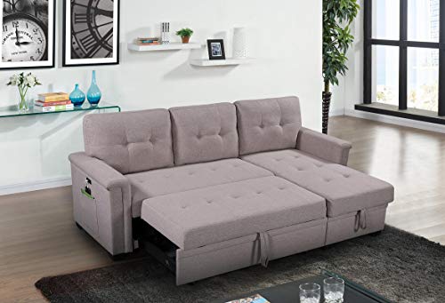 RITSU Living Room Reversible Sleeper Sectional Sofa with Storage Chaise, L-Shape Corner Couch with USB Charging Ports and Pocket, for, Home Furniture, Apartment, Dorm, Light Gray