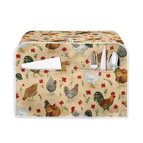 Gomyblomy Chickens Toaster Cover, Dustproof and Anti-Fingerprint Kitchen Small Appliance Cover, Microwave Protective Cover with Handle & Pocket for 4 Slices Toaster