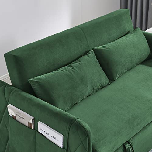 Eafurn 3 in 1 Multi-Functional Convertible Sleeper Sofa Bed, Modern Velvet Loveseat Couch & Sofa with Adjustable Backrest and 2 Pillows Detachable Arm Pockets for Apartment Living Room, 55", Green