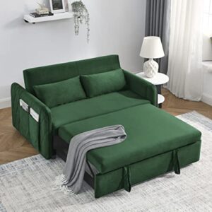 Eafurn 3 in 1 Multi-Functional Convertible Sleeper Sofa Bed, Modern Velvet Loveseat Couch & Sofa with Adjustable Backrest and 2 Pillows Detachable Arm Pockets for Apartment Living Room, 55", Green