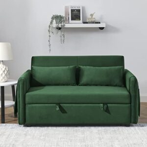 Eafurn 3 in 1 Multi-Functional Convertible Sleeper Sofa Bed, Modern Velvet Loveseat Couch & Sofa with Adjustable Backrest and 2 Pillows Detachable Arm Pockets for Apartment Living Room, 55", Green