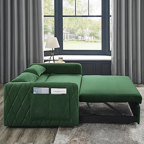 Eafurn 3 in 1 Multi-Functional Convertible Sleeper Sofa Bed, Modern Velvet Loveseat Couch & Sofa with Adjustable Backrest and 2 Pillows Detachable Arm Pockets for Apartment Living Room, 55", Green