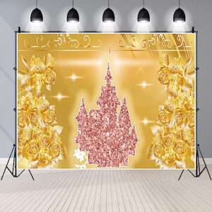 5x4Ft Cartoon Princess Castle Backdrops Rose Gold Pink Glitter Royal Castle Birthday Party Backdrop Decoration Cake Table Banner Photo Booth Props Girls Princess Party Decor Supplies