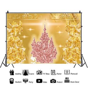 5x4Ft Cartoon Princess Castle Backdrops Rose Gold Pink Glitter Royal Castle Birthday Party Backdrop Decoration Cake Table Banner Photo Booth Props Girls Princess Party Decor Supplies