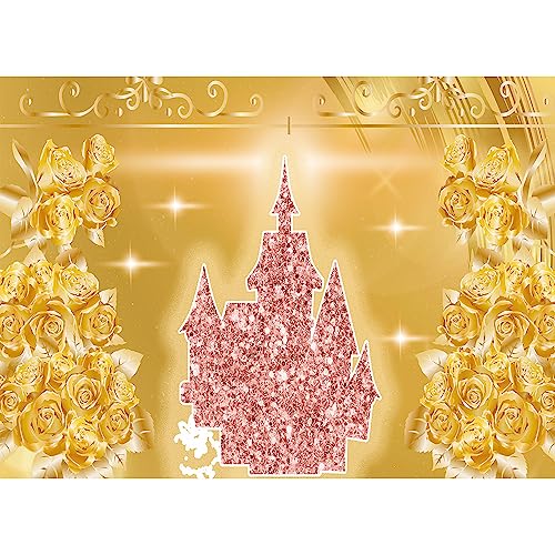 5x4Ft Cartoon Princess Castle Backdrops Rose Gold Pink Glitter Royal Castle Birthday Party Backdrop Decoration Cake Table Banner Photo Booth Props Girls Princess Party Decor Supplies