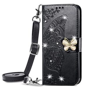 wallet case for oppo a74 4g -1.5m adjustable strap emboss butterfly flip phone cover card slot magnet leather shell flip stand cover for oppo f19 / oppo a74 4g / oppo a95 4g / reno 6 lite [zs] -black