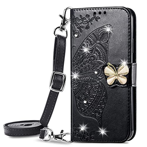 Wallet Case for Oppo A74 4G -1.5M Adjustable Strap Emboss Butterfly Flip Phone Cover Card Slot Magnet Leather Shell Flip Stand Cover for Oppo F19 / Oppo A74 4G / Oppo A95 4G / Reno 6 Lite [ZS] -Black