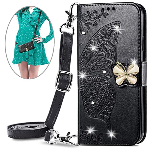 Wallet Case for Oppo A74 4G -1.5M Adjustable Strap Emboss Butterfly Flip Phone Cover Card Slot Magnet Leather Shell Flip Stand Cover for Oppo F19 / Oppo A74 4G / Oppo A95 4G / Reno 6 Lite [ZS] -Black