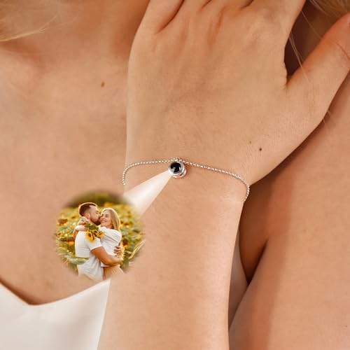 Kislumi Custom Bracelets with Picture Inside, Dainty Bracelet for Women, Customized Projection Bracelets with Photos, Picture Bracelet Personalized Photo, Memorial Gifts for Women/Family/Dog, Silver, Gold, Rose Gold